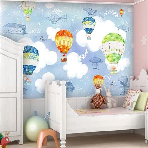 Custom 3D Wall Murals Wallpaper Cartoon Airplane Hot Air Balloon