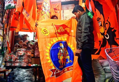 Religious Flags Bearing Jai Shree Ram Displayed In A Shop At A Market