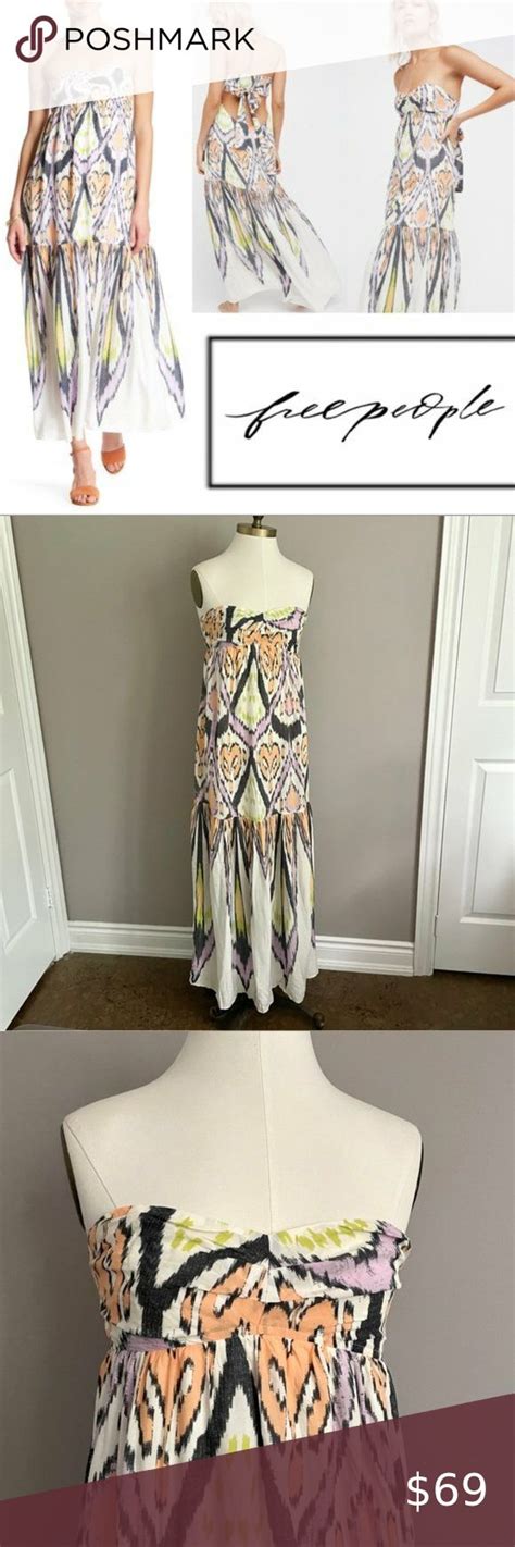 Free People White Ikat Print Mojave Strapless Tiered Boho Maxi Dress