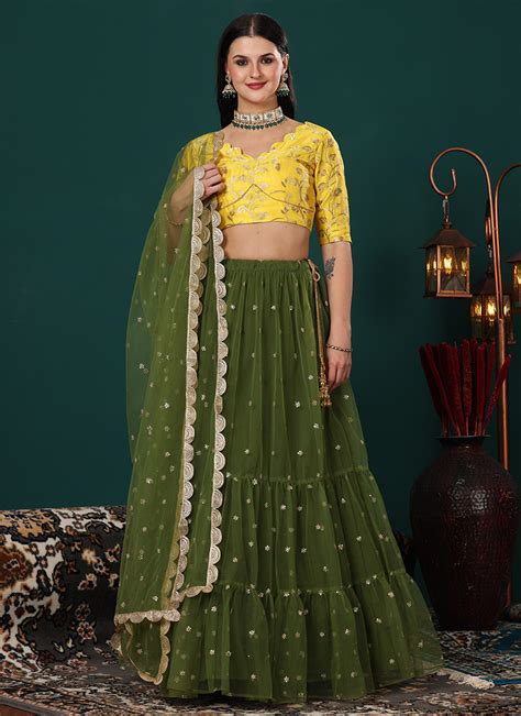 Shop Teen Girls Yellow Jacquard N Green Embroidered Lehenga Festive