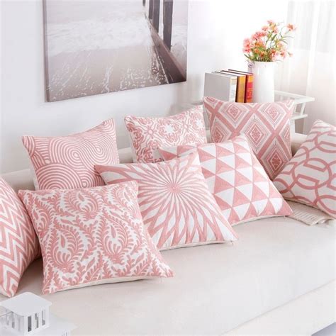 Nordic Style Pink Geometric Pattern Embroidery Cotten Cushion Cover