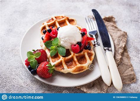 Belgium Waffles With Berries And Ice Cream Stock Image Image Of Berry