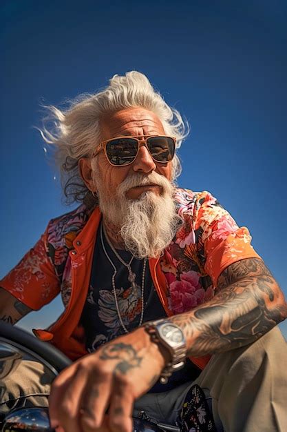 Premium Photo | Old elderly man with tattoos riding on motorcycle down ...