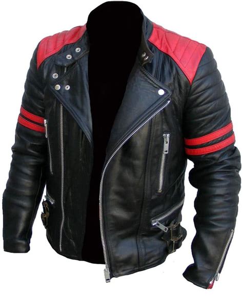 Mens Brando Biker Black And Red Motorcycle Leather Jacket Flesh Jackets