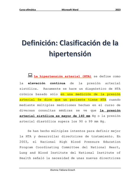 La hipertensión arterial Curso ofimtica Microsoft Word 2023 Alumna