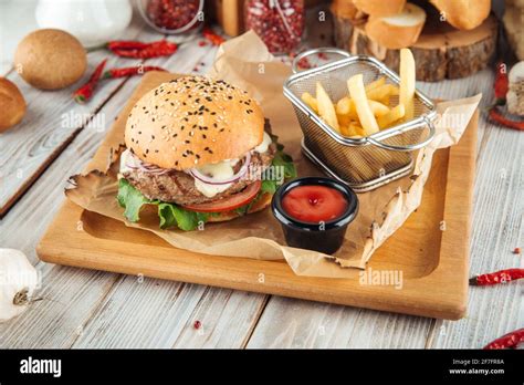 Classic burger combo set with fries and ketchup Stock Photo - Alamy