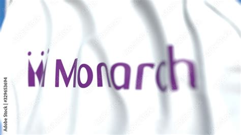 Flying flag with Monarch Airlines logo, close-up. Editorial 3D rendering Stock Illustration ...