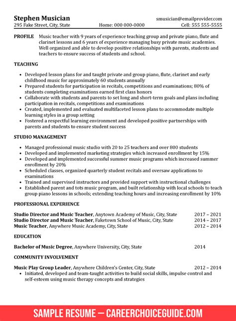 Music Teacher Sample Resume