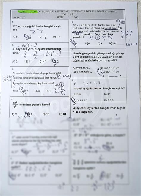 SOLUTION 8 Sinif Matemat K 1 Donem 1 Yazili Cevaplari Studypool