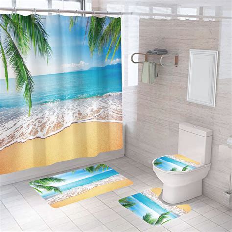 Pcs Shower Curtain Set Starfish Beach Sunset Travel Sand Blue Ocean