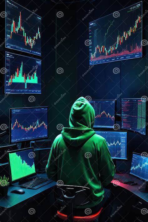 Hacker Sitting In Front Of Multiple Desktop Screens Stock Market