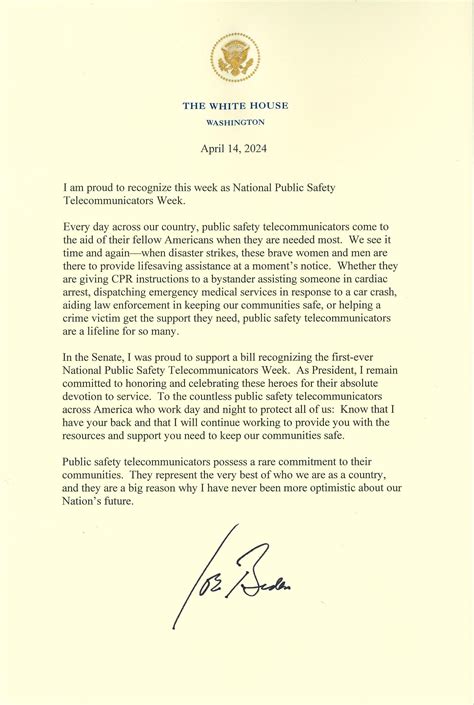 Presidential Letter For National Public Safety Telecommunicators Week