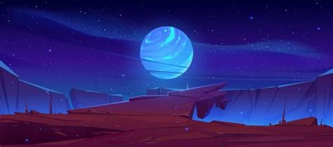 Free Vector Alien Planet Surface Futuristic Landscape With Glowing Moon Or Satellite Above