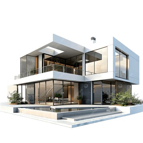 Modern White Two Story House With Flat Roof Large Glass Windows Balcony