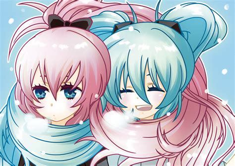 2girls Aqua Hair Blue Eyes Close Hatsune Miku Long Hair Megurine Luka Pink Hair Snow Vocaloid