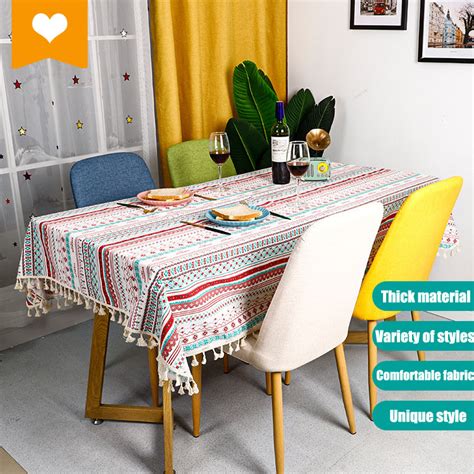 Retro Ethnic Style Floral Print Stripes Tablecloth Bohemian Tassel