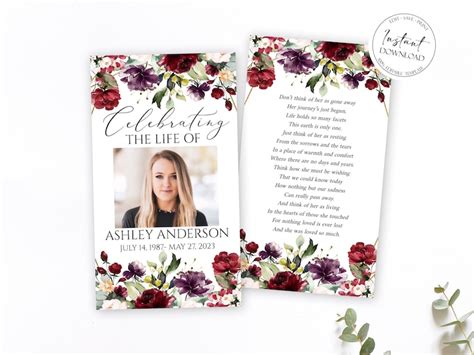 Editable Funeral Prayer Card Template Printable Roses Etsy