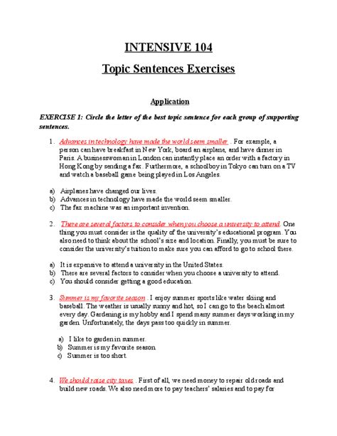 Identifying Topic Sentence Exercises Pdf