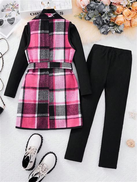 Shein Tween Girl Plaid Print Waterfall Collar Belted Vest Coat Tee