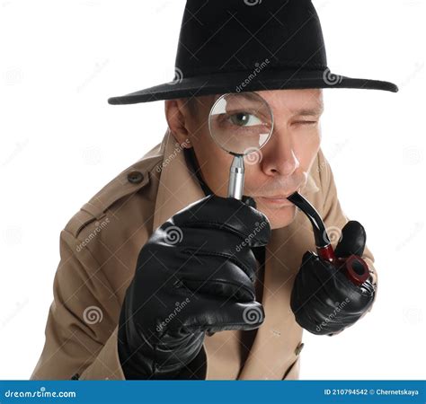 Male Detective with Smoking Pipe Looking through Magnifying Glass on ... 
