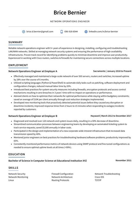 Network Operations Engineer Resume (CV) Example and Writing Guide