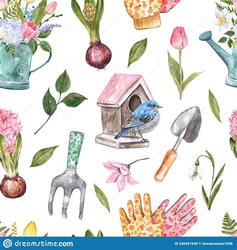 Watercolor Spring Gardening Tools And Plants Seamless Pattern Rustic