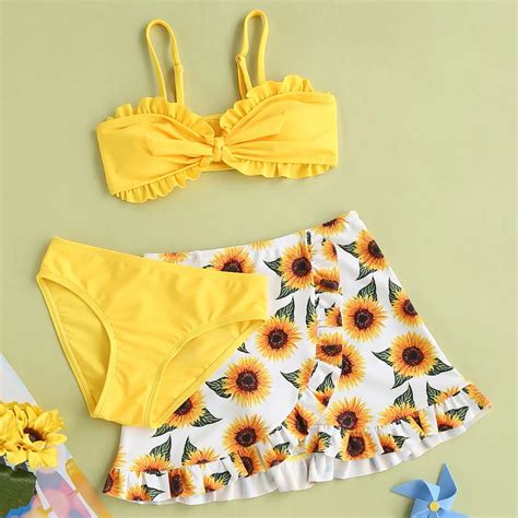 Girls Sunflower Print Cute Swimsuit Bikini 3 Piece Set Swimwear Infant Outfits Girls Swimwear
