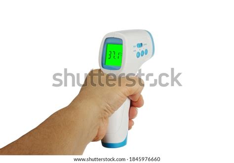 Hand Holding Thermometer Gun Side View Medical Digital Non Contact