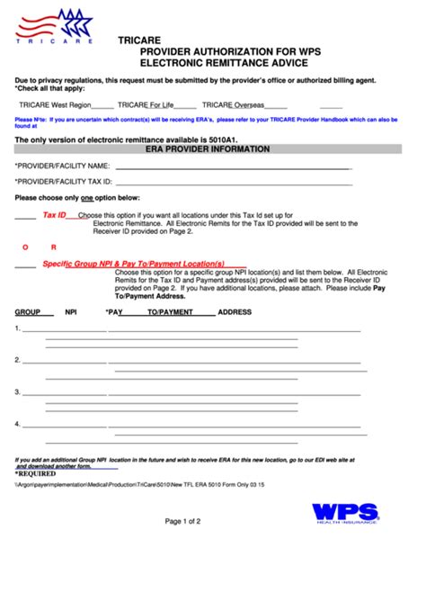 Tricare Provider Authorization For Wps Electronic Remittance Advice Form Printable Pdf Download