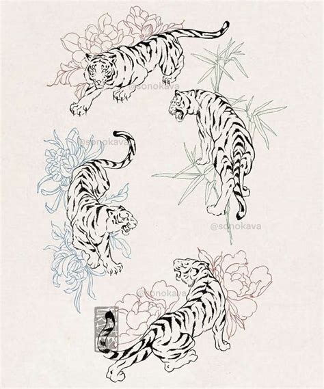 Two White Tigers And Some Flowers On A Sheet Of Paper With Ink Drawing