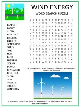 Wind Energy Word Search Puzzle Science Game Activity Worksheet