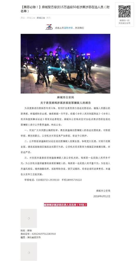 黑惡必除！麻城警方懸賞通緝50名涉黑涉惡人員 每日頭條