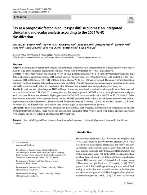 Sex As A Prognostic Factor In Adult Type Diffuse Gliomas An Integrated