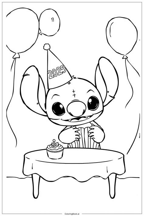 Página para colorear Stitch con un sombrero de fiesta para 2025