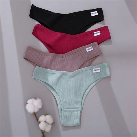 FINETOO Women Cotton Panty Lingerie Female Underwear Solid Color Thongs For Woman Low Rise