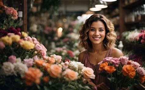 Premium AI Image A Smiling Happy Woman In Her Flower Shop Among A