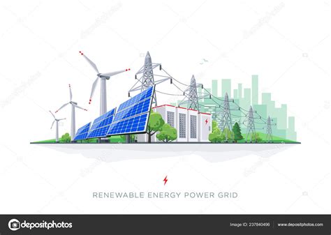 Renewable Energy Smart Power Grid System Flat Vector Illustration Solar