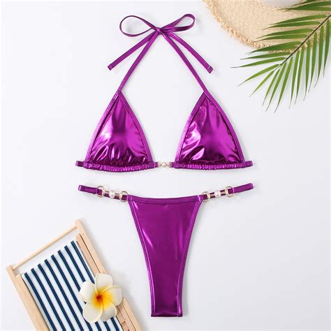 Sexy Micro Bikini 2024 Women Swimwear Metallic Halter Triangle Bikinis