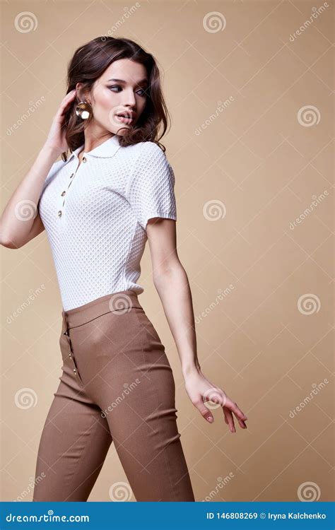 Beautiful Woman Fashion Glamour Model Brunette Hair Makeup Wear Silk Blouse Trousers Clothes For