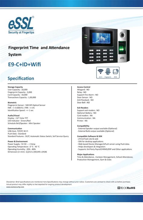 Essl Fingerprint Time Attendance System Model Namenumber E9c At Rs