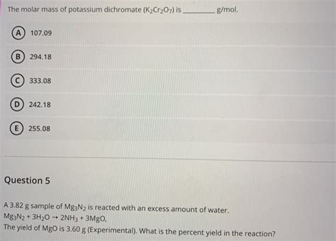 Solved The Molar Mass Of Potassium Dichromate K2Cr2O7 Is Chegg