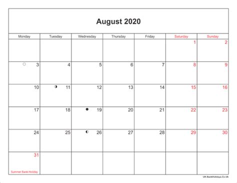 August 2020 Calendar Printable with Bank Holidays UK