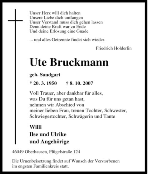 Traueranzeigen Von Ute Bruckmann Trauer In Nrw De