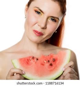 Beautiful Nude Redhead Woman Eating Slice Stock Photo 1188716134