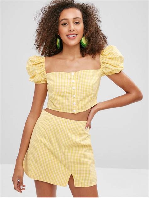 [28 Off] 2021 Zaful Puff Sleeves Gingham Top And Skirt Set In Corn