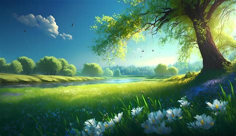 Early morning scenery flowers blooming green grass, spring concept ...