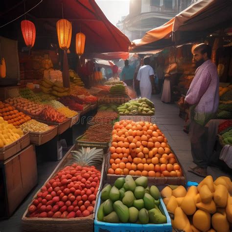 A Vibrant Street Market With Stalls Of Exotic Fruits Spices And