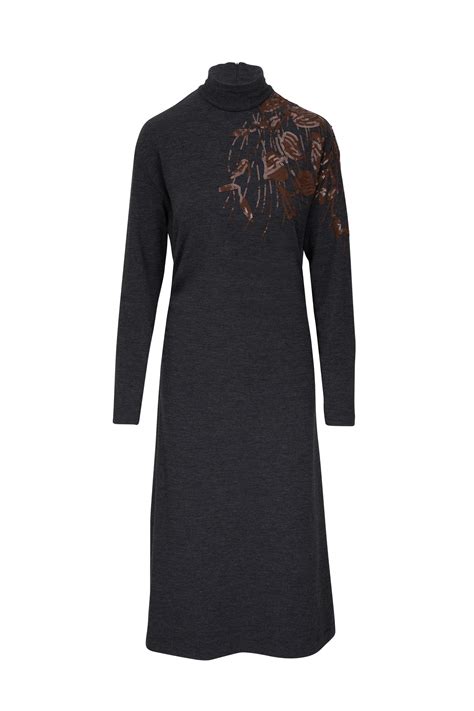 Brunello Cucinelli Anthracite Sequin Embroidered Wool Jersey Dress