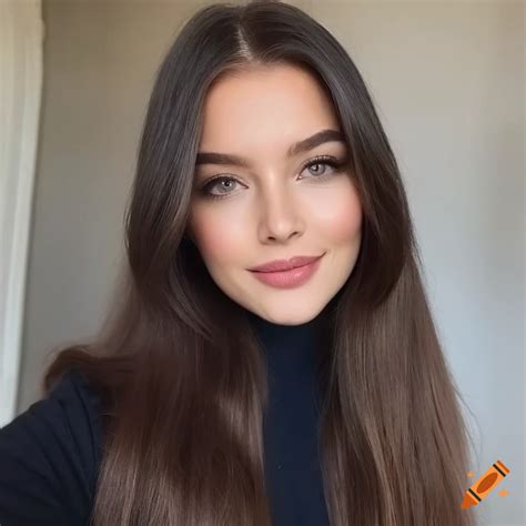 portrait   friendly girl  dark brown hair   warm smile