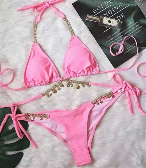 Pink Diamant Charm Bikini Set Embellished Beaded Diamond Etsy